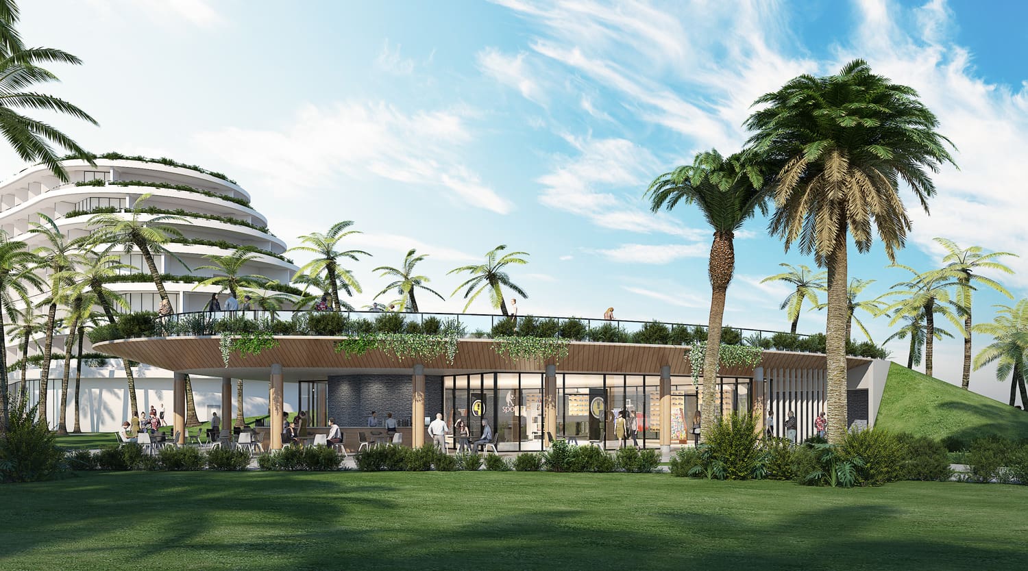 rendered image of full exterior from the side of the Marriott in Hon Tam